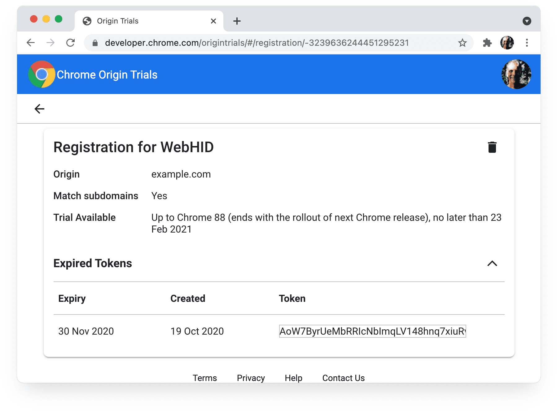 Chrome kaynak denemelerinde, süresi dolmuş jetonları gösteren Kayıtlarım sayfası.