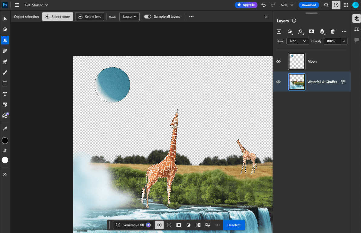 网页版 Adobe Photoshop,其中打开了 AI 赋能的对象选择工具,并选择了三个对象:两只长颈鹿和一个月亮。