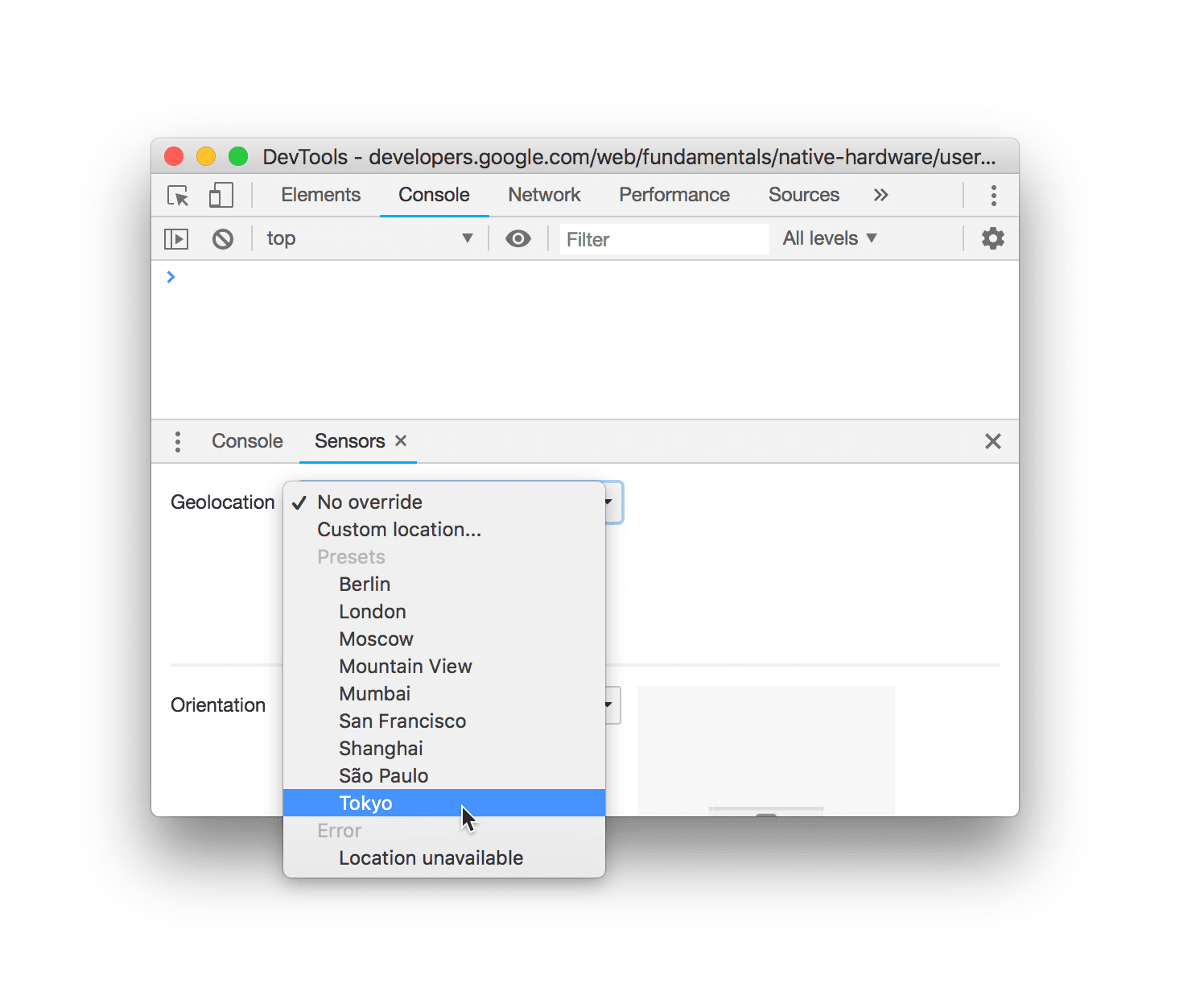 Selecionar "Tóquio" na lista "Geolocalização".
