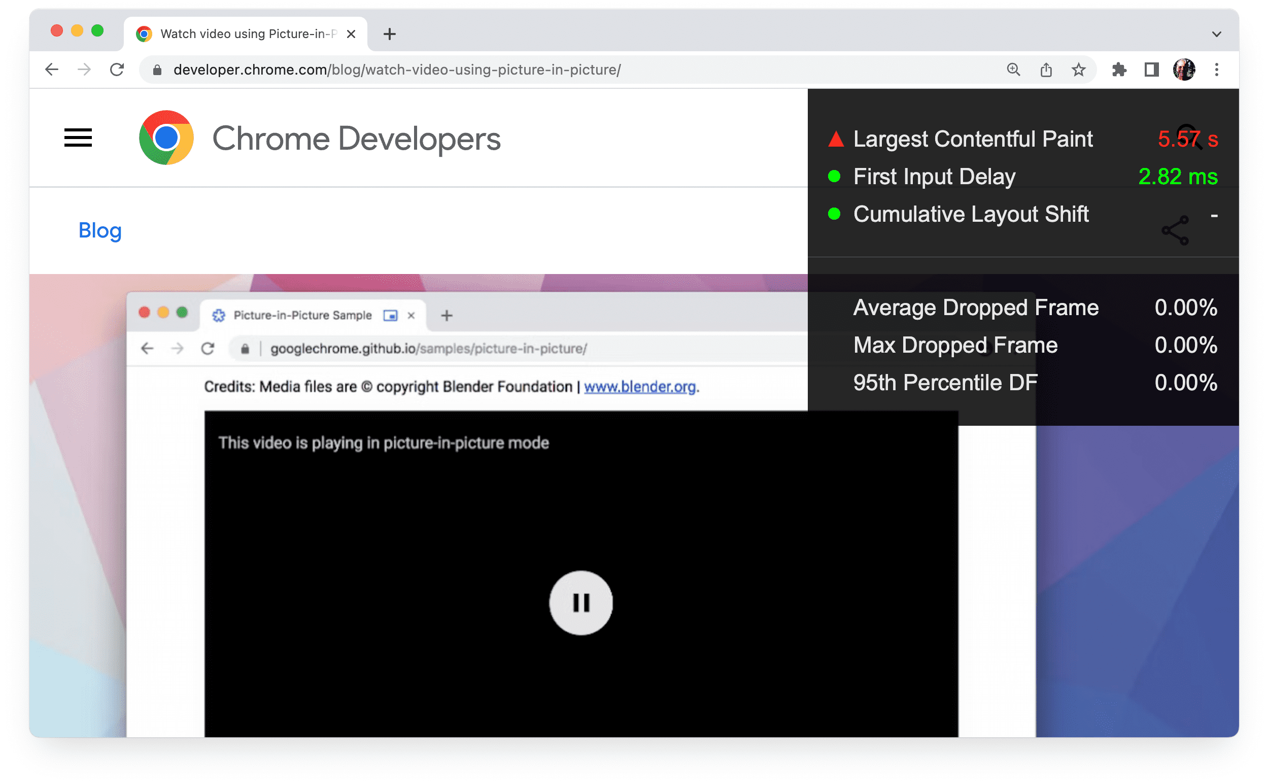 已启用平视显示的 Chrome 页面。