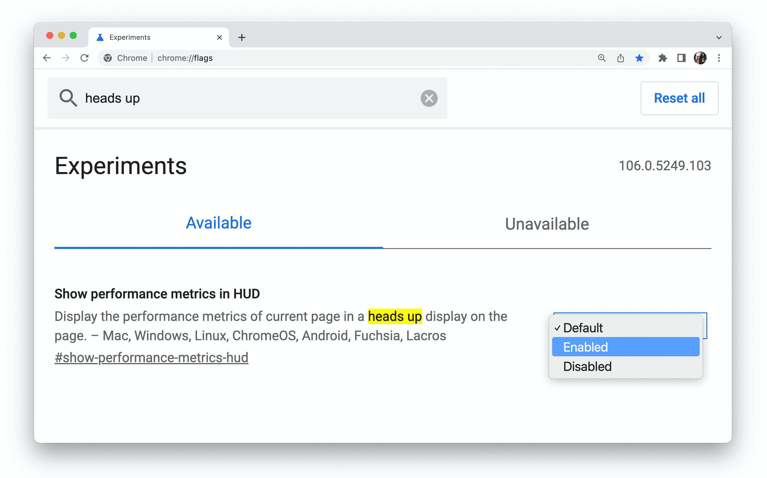 将 HUD 标志设置为默认值的 chrome://flags 页面。