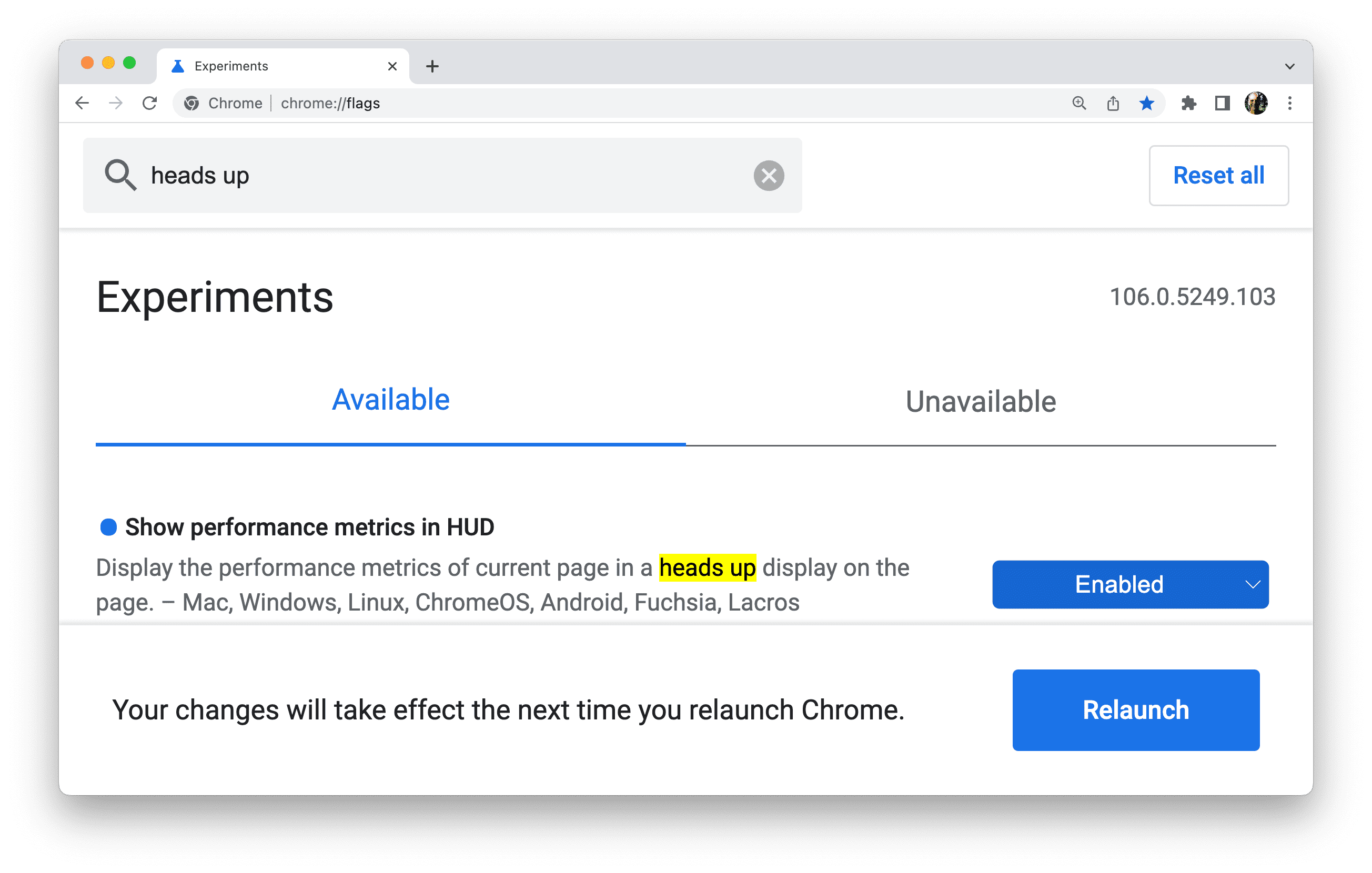 当用户更改标志设置时,Chrome 会提示用户重新启动浏览器。