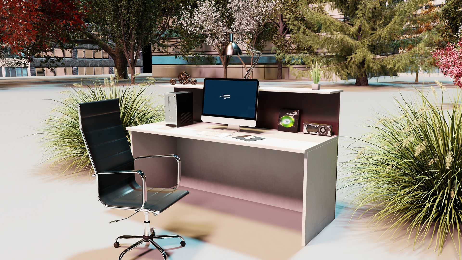 A desk setup with a black leather chair sits outdoors in a