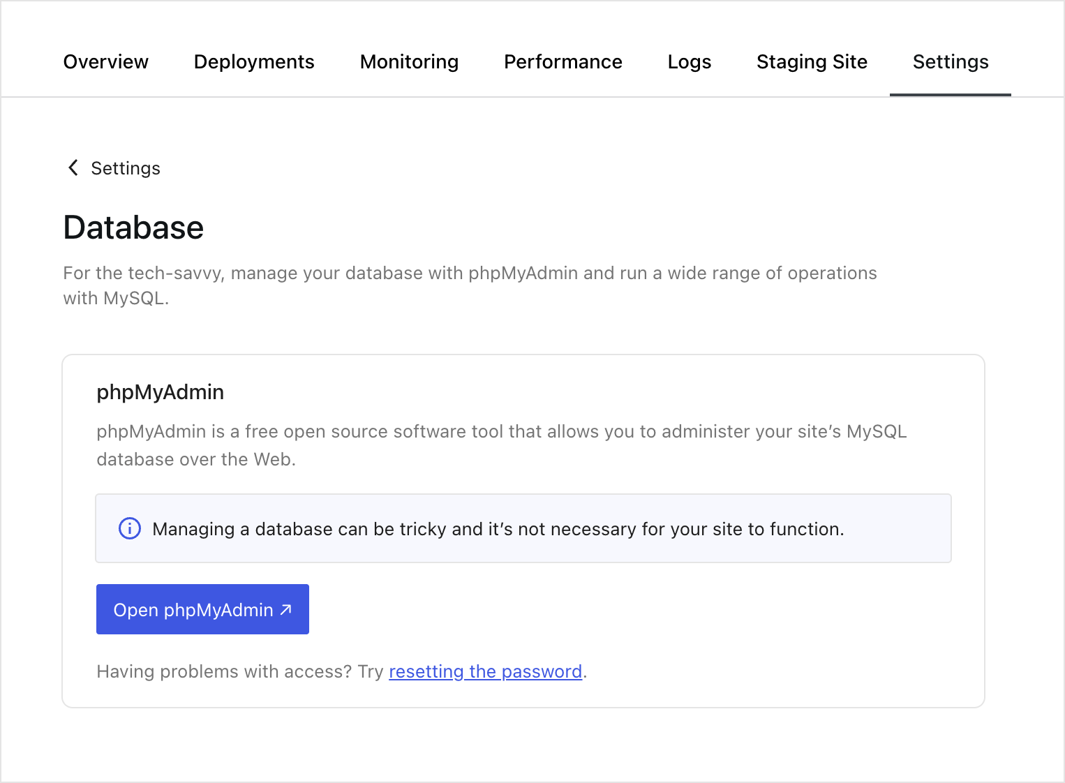 Screenshot of the database access tab in the site overview.