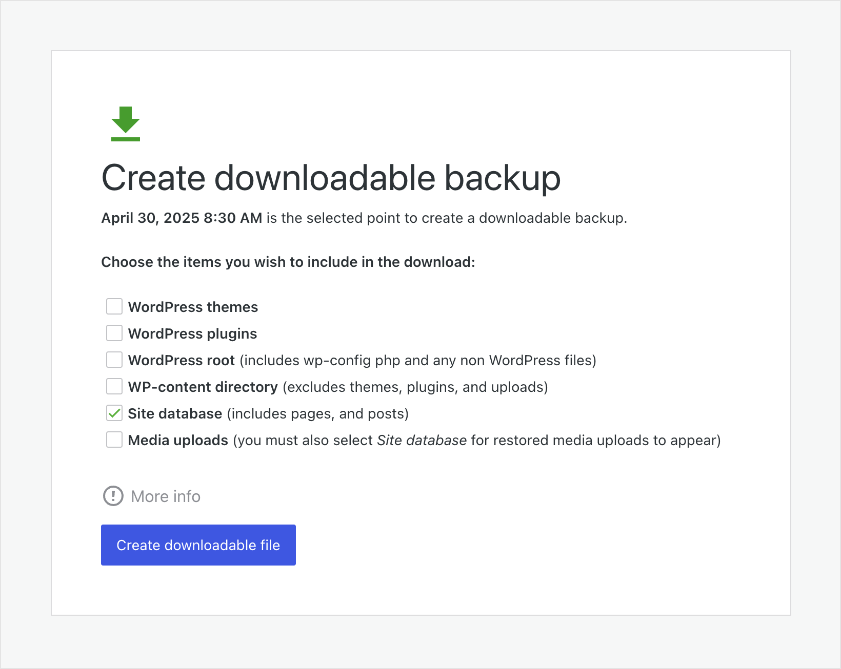 Screenshot of the Jetpack VaultPress Backup screen that allows you to choose what items you would like to download.