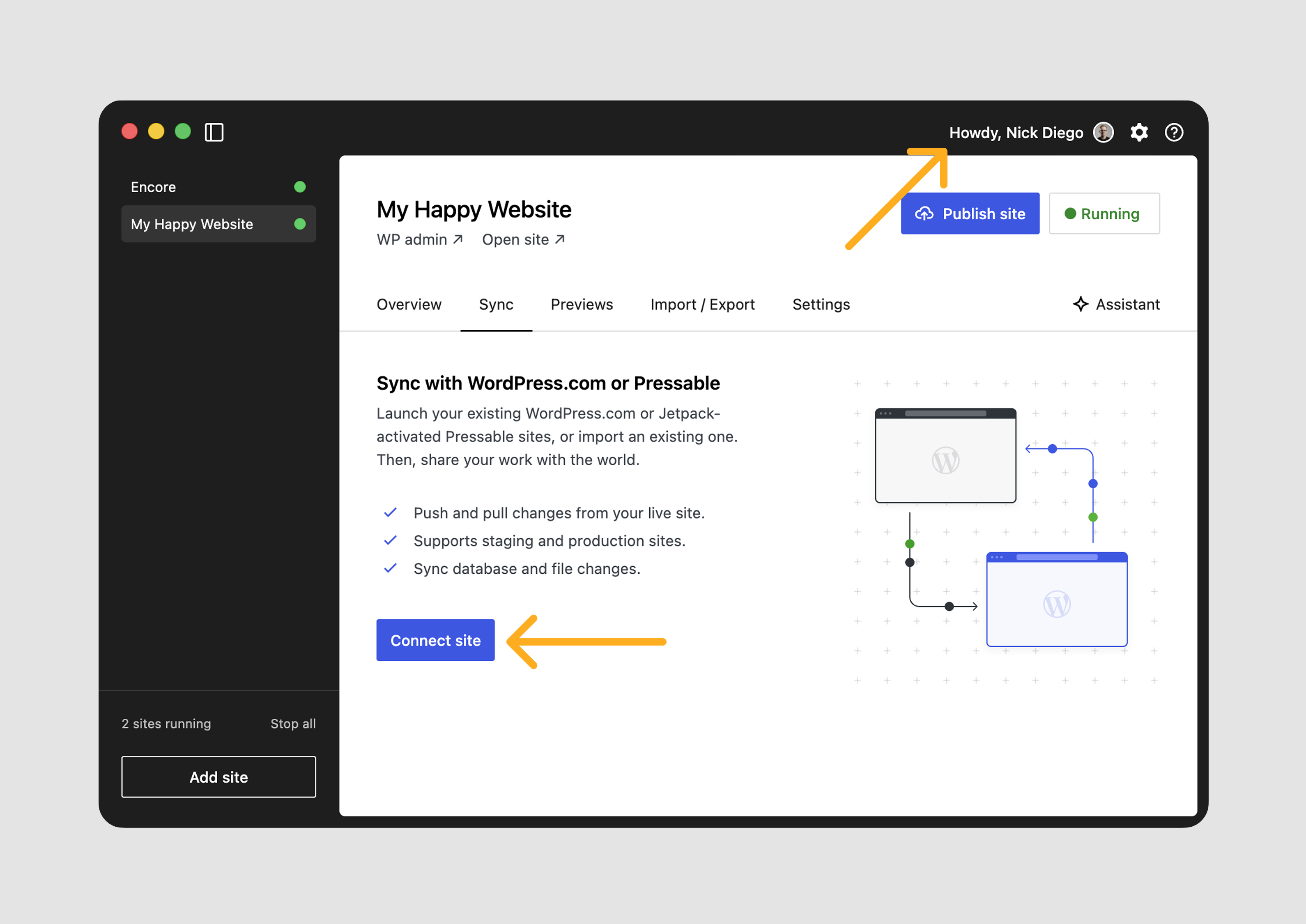 Ein Screenshot der Studio-App, der zeigt, wie eine Website von WordPress.com verbunden wird.