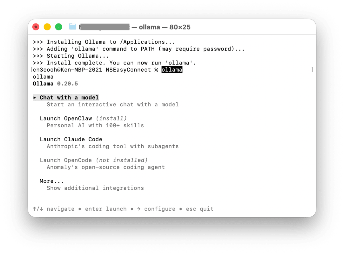 Ollamaの初回起動画面。Chat with a modelやLaunch Claude Codeなどの選択肢が表示されている