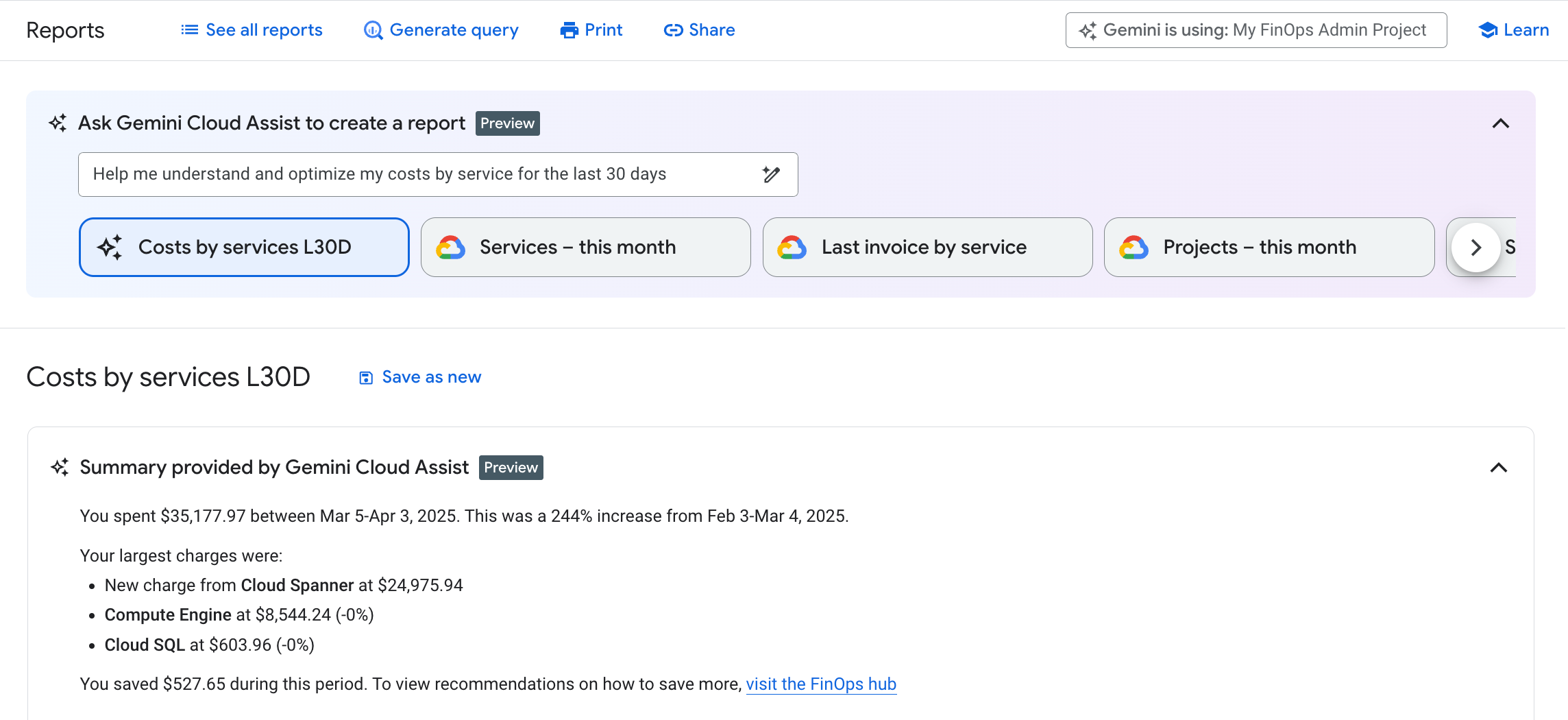啟用 Cloud Billing 中的 Gemini Cloud Assist 功能,即可在帳單報表中使用。