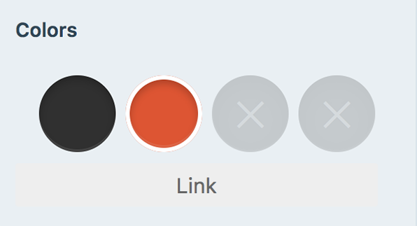 Four circles in a row, a black one, an orange one, and two gray ones with X's in the middle of them. The selected circle shows the label 'link' underneath, indicating it controls the colors of links on the site.