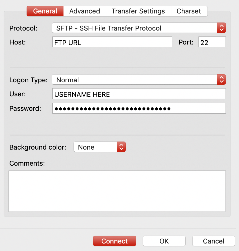 لقطة شاشة لشاشة بيانات اعتماد برنامج Filezilla مع تعيين البروتوكول إلى بروتوكول النقل الآمن للملفات - وحقول المستخدم باستخدام نص اسم المستخدم هنا وكلمة المرور.
