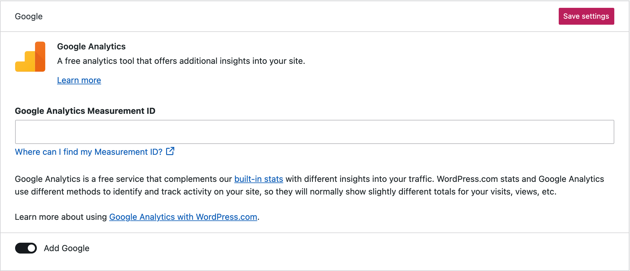 Layar WordPress.com untuk menambahkan ID Pengukuran Google Analytics