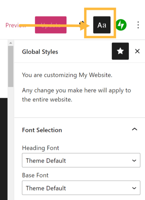Encadré autour du bouton Styles globaux, situé dans le coin supérieur gauche de l’éditeur de blocs, entre le bouton Réglages de la page et le bouton des réglages Jetpack.