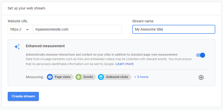 Layar penyiapan aliran data web Google Analytics