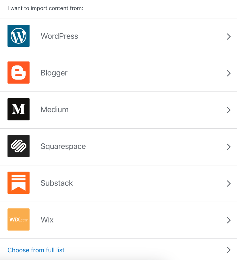 Listan över tillgängliga importörer, med WordPress, Blogger, Medium, Squarespace, Substack och Wix.