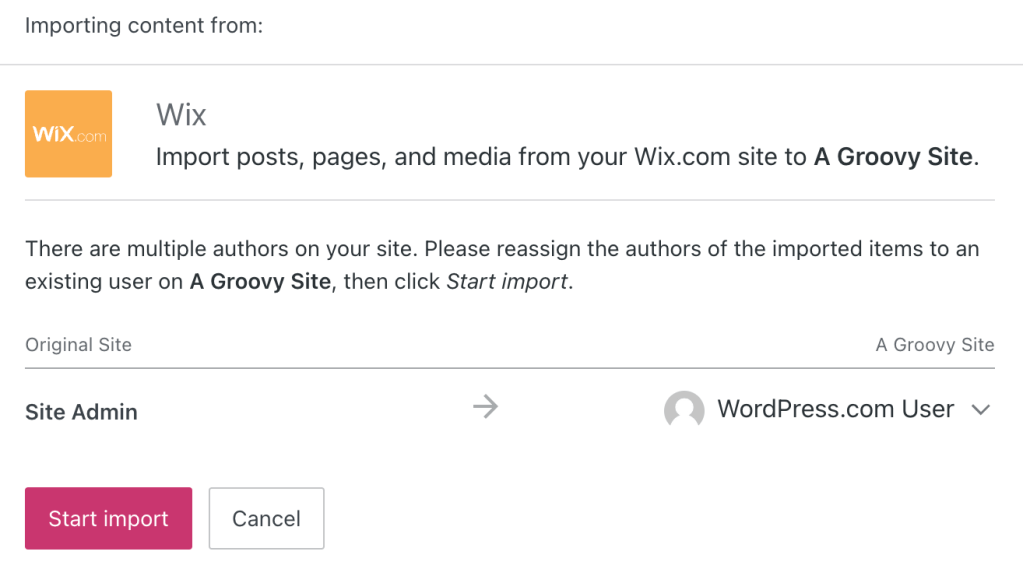 Wix-importverktyget, med knappen Starta import.