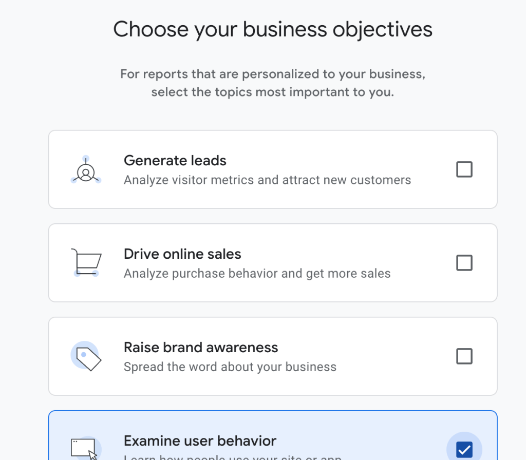 Pantalla de Google Analytics para seleccionar los objetivos empresariales.
