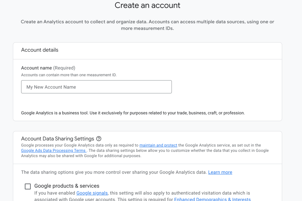 Pantalla de nueva cuenta de Google Analytics