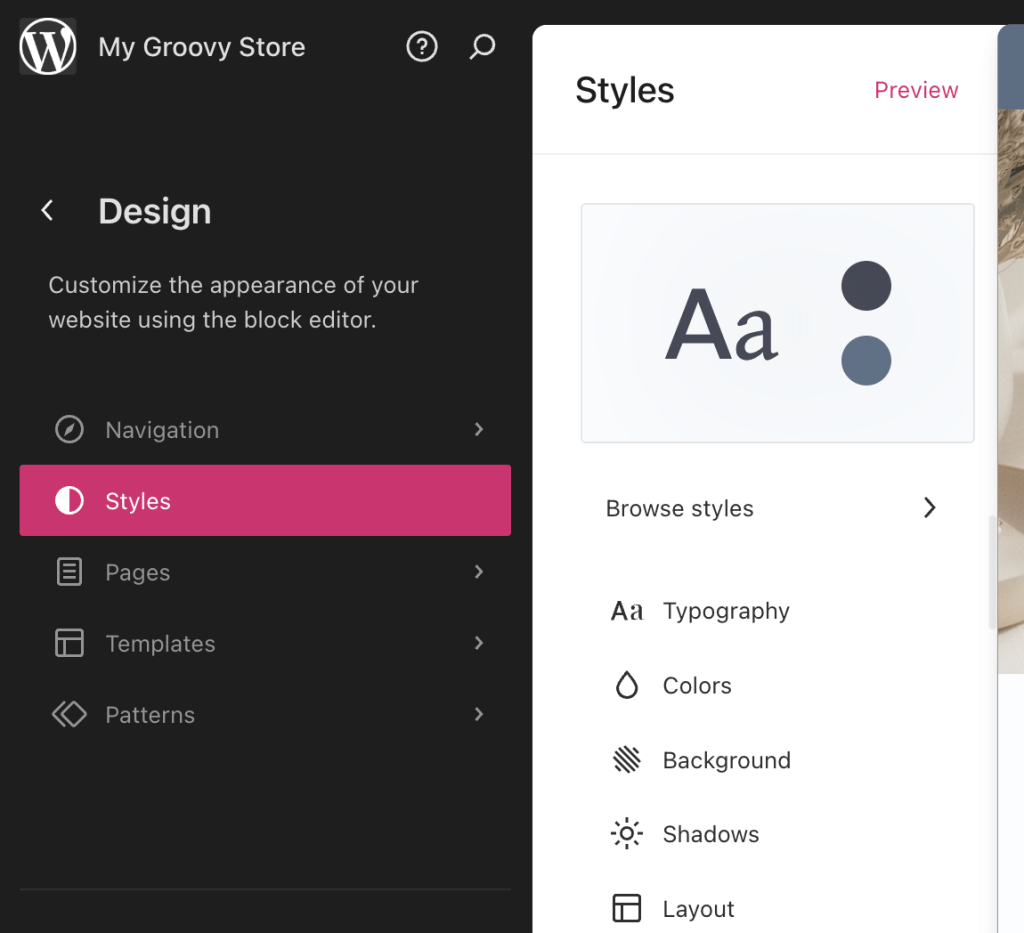 L’éditeur de site s’ouvre sur le panneau Design, le menu Styles est activé.