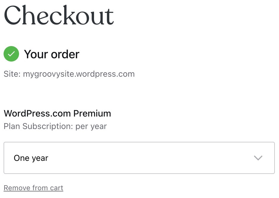 Layar checkout paket, dengan tampilan harga dan kotak daftar pilihan jangka waktu paket.