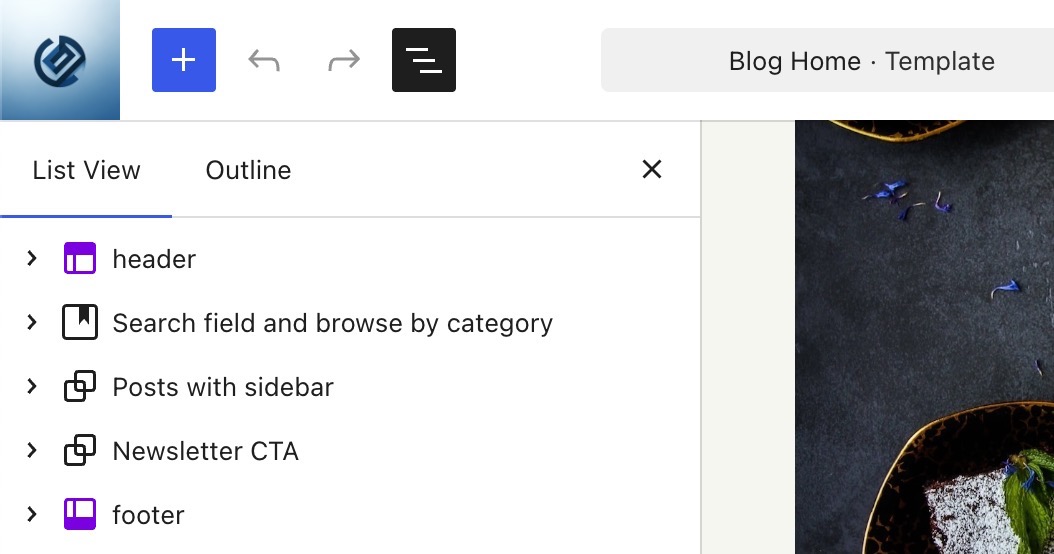 The Site Editor open, editing the Blog template.