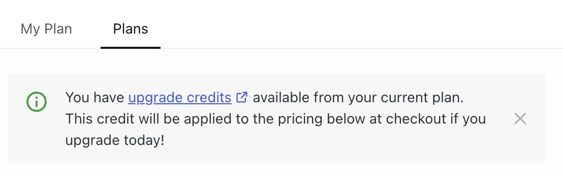 Pemberitahuan kredit upgrade di halaman Paket.