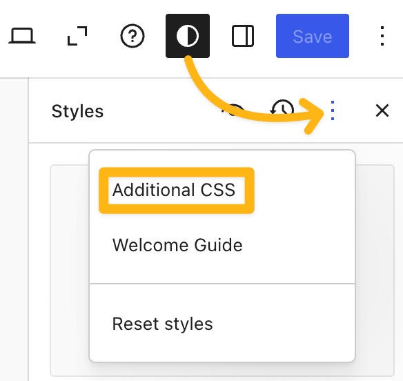 An arrow from the Styles icon in the editor pointing to the ellipses (More) menu, and a box drawn around the "Additional CSS" option in the menu.