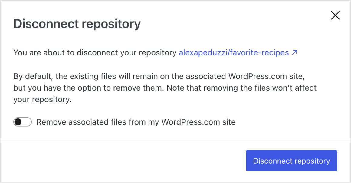 A screenshot depicting the dialog for disconnecting a repository.