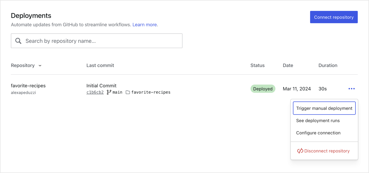 The Deployments tab and the popover that allows you to preform various actions on a connected repository.