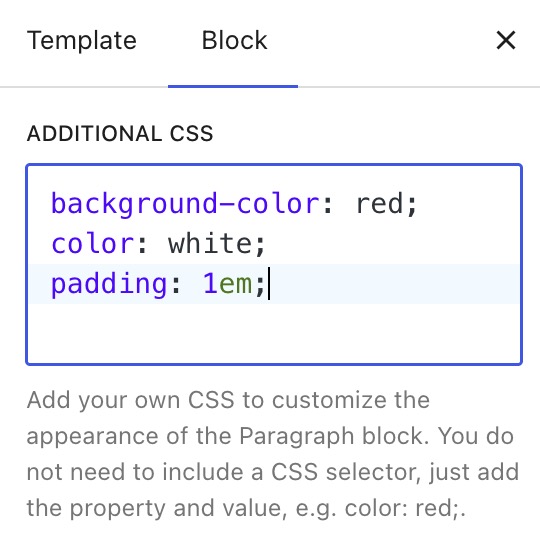 The Additional CSS advanced block setting, showing some sample CSS written in.