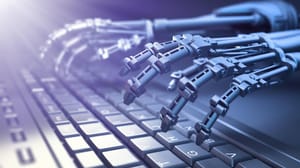 A robot types on a keyboard A robot types on a keyboard