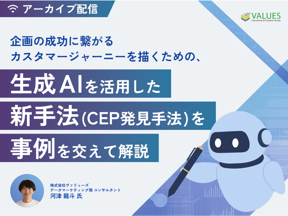 「【アーカイブ配信】企画の成功に繋がるカスタマージャーニーを描くための、生成AIを活用した新手法(CEP発見手法)を事例を交えて解説」の見出し画像