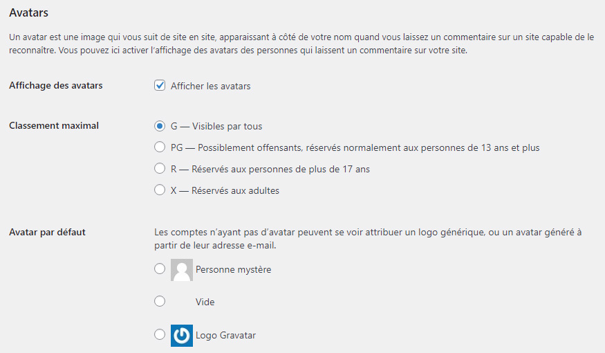 Options d’affichage des avatars dans les paramètres WordPress
