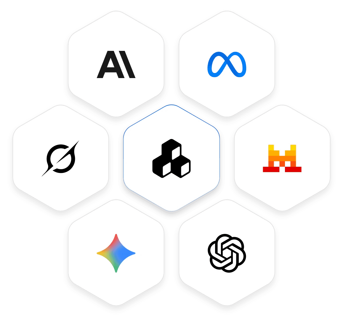 Honeycomb of AI model provider logos including Anthropic, Meta, OpenAI, Google Gemini, and Mistral surrounding the StackAI logo