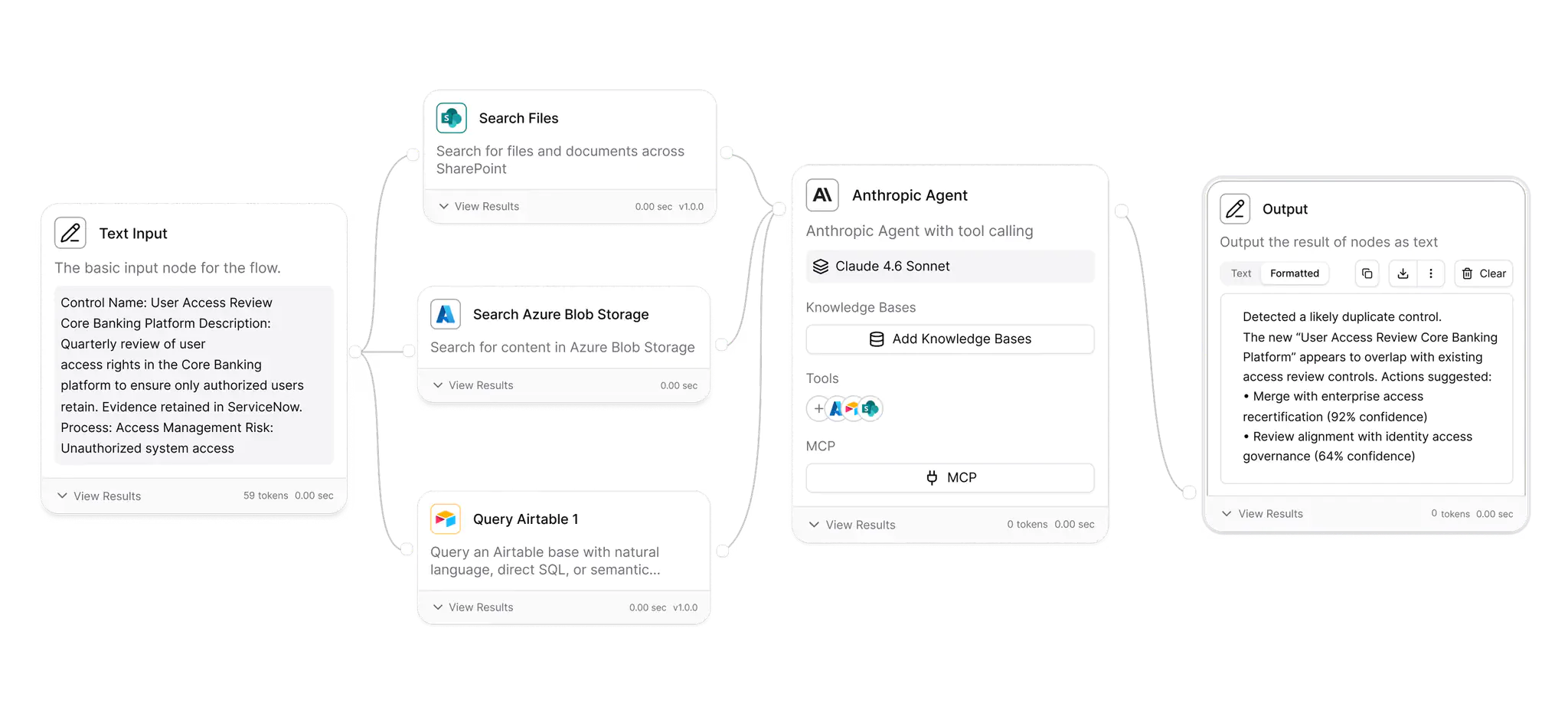 StackAI workflow canvas connecting SharePoint, Azure Blob Storage, and Airtable data sources to an Anthropic AI agent
