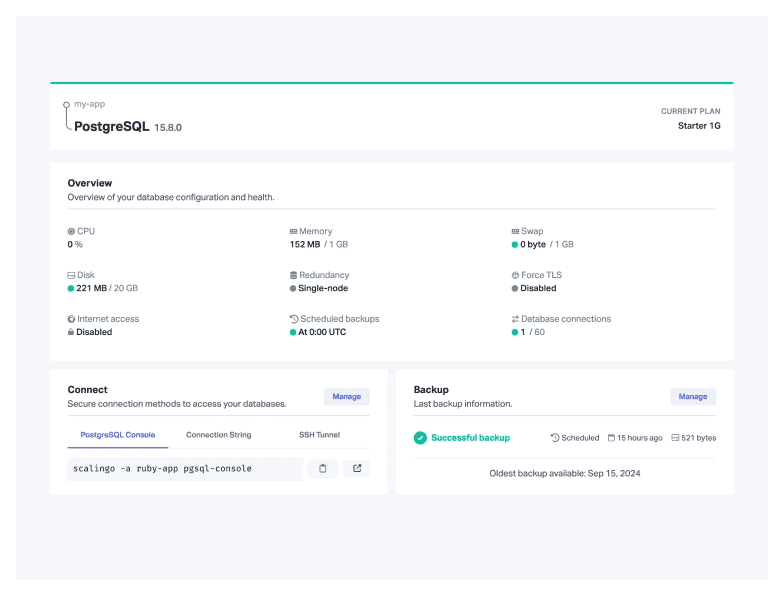 Scalingo PostgreSQL database dashboard displaying configuration details, backup status, secure connection options, and resource usage metrics