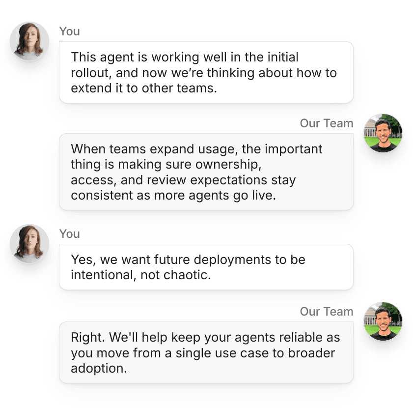 Chat conversation showing the StackAI team advising a customer on scaling AI agents across teams