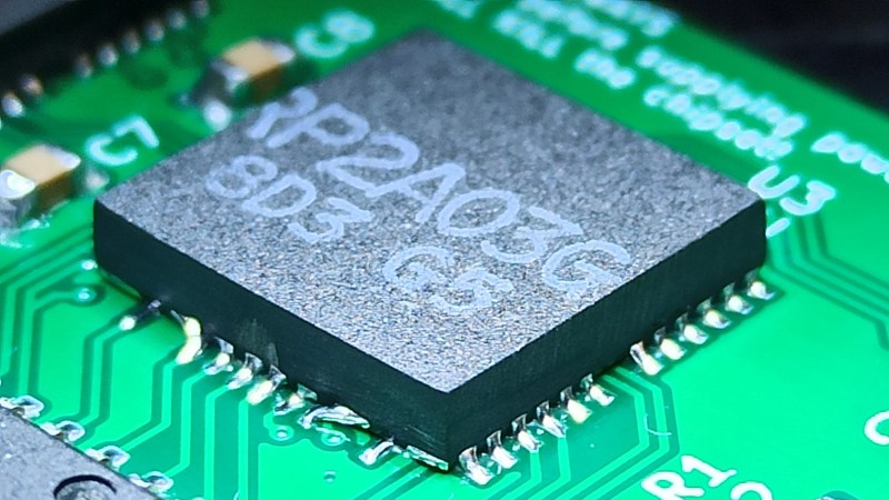 Picture showing the way the cut-down piece of chip is soldered onto the mainboard - looking, indeed, like a QFN package.