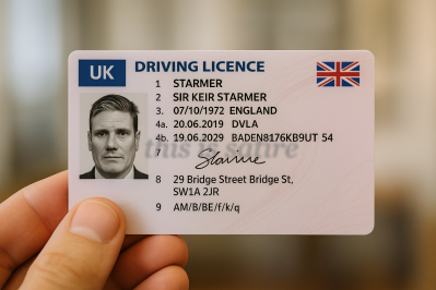 A satirical mock-up of what UK Prime Minister Keir Starmer's driving licence might look like, courtesy of https://use-their-id.com/