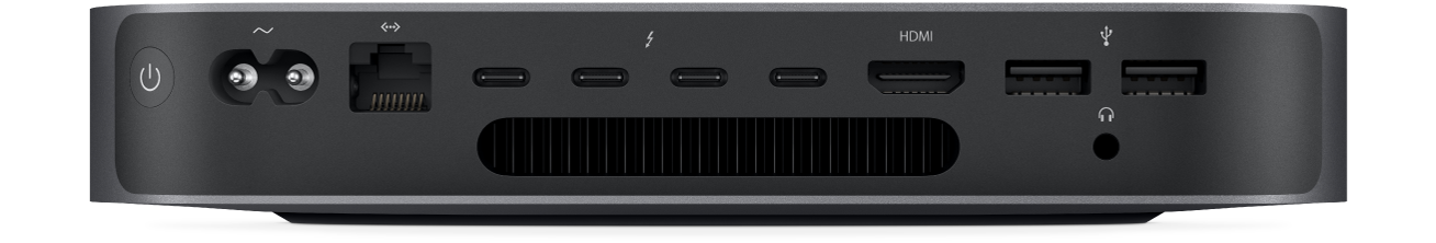 Mac mini set bagfra med dens forskellige porte.