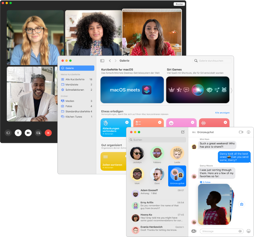 Sich überlappende Bildschirme der Apps „FaceTime“, „Kurzbefehle“ und „Nachrichten“