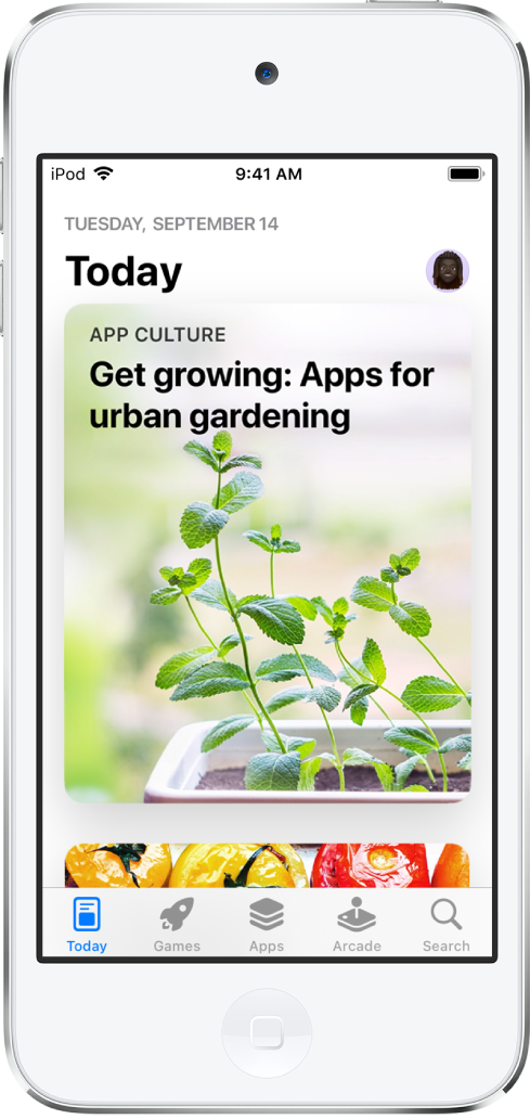 App Store 上的「Today」畫面顯示一個專題故事和 App。你的個人檔案相片在右上角。沿着螢幕下方從左到右依序是:「Today」、「遊戲」、App、Arcade 和「搜尋」分頁。
