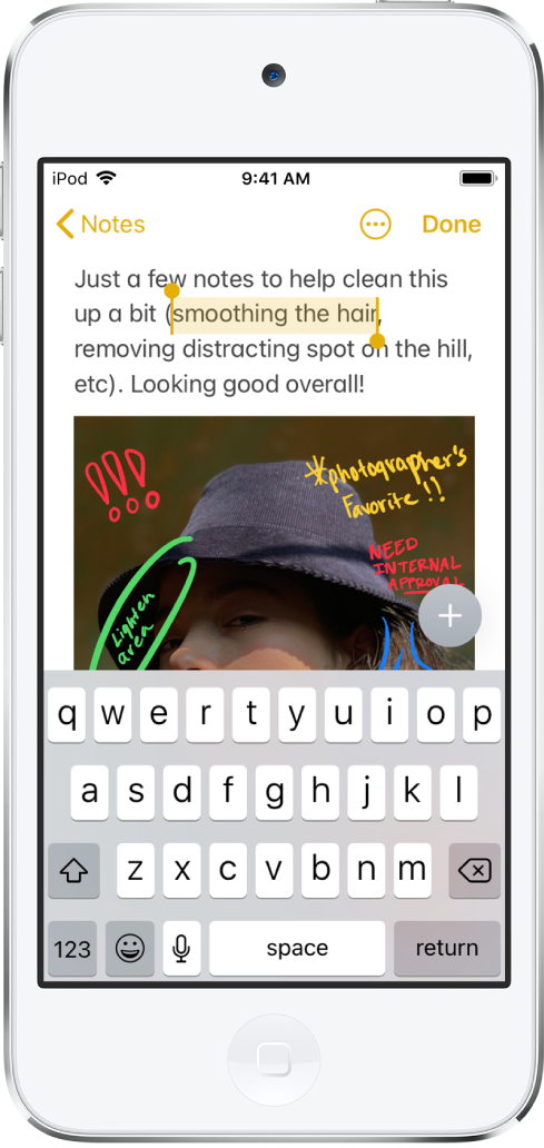 在「備忘錄」App 的備忘錄中,已選取段落中的一個詞組。