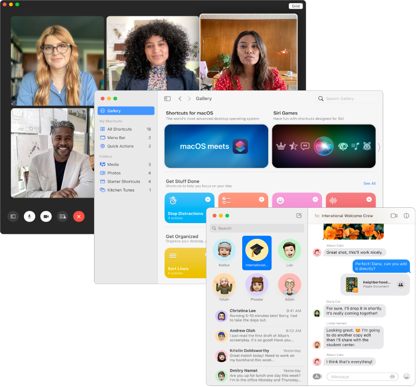 Επικαλυπτόμενες οθόνες των εφαρμογών FaceTime, Συντομεύσεις, και Μηνύματα.
