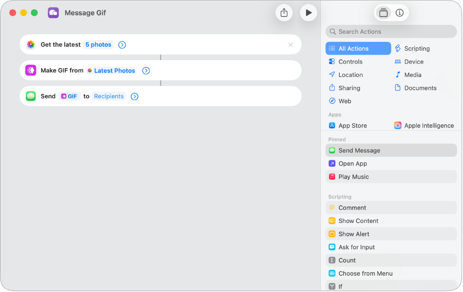 Shortcut editor showing actions used to send a message with photos as an animated GIF.