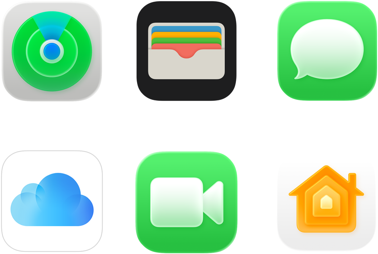 Símbolos de seis de los servicios que Apple ofrece: Encontrar, Apple Wallet, iMessage, iCloud, FaceTime y Casa.