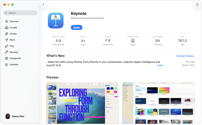 La page de description de l’app Keynote dans l’App Store sur Mac.