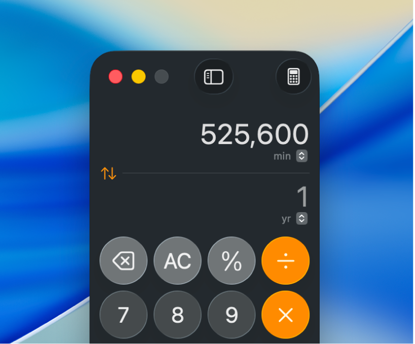 A calculator in scientific mode showing a conversion from minutes to years.
