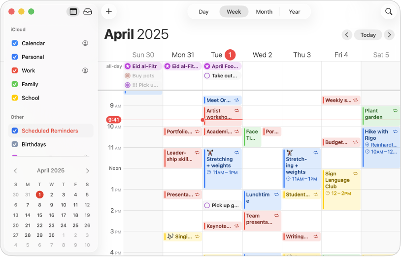 A Calendar window in Month view showing colour-coded personal, work, family and school calendars in the sidebar under the iCloud account heading.
