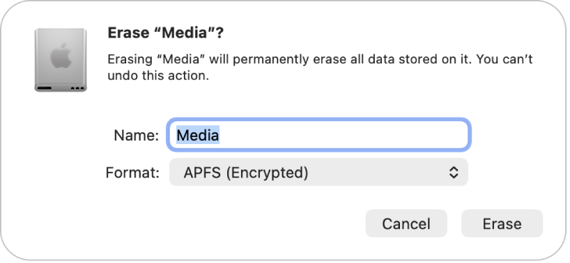 A Disk Utility window showing the Erase dialogue being set up to reformat an external drive with an APFS encrypted format.
