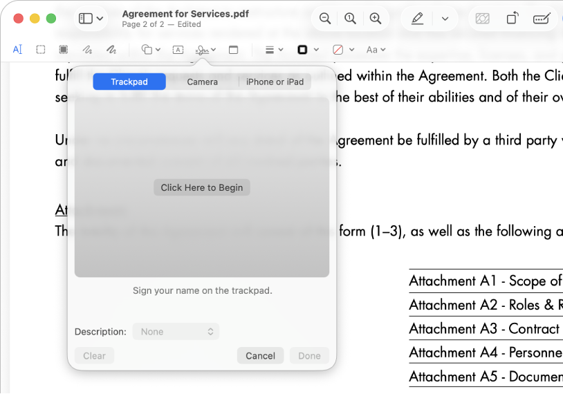 A PDF in the Preview app window, showing the signature tool.